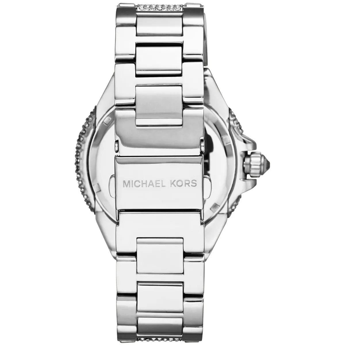 Clasp and caseback view of Michael Kors MK5869 women's silver-tone watch