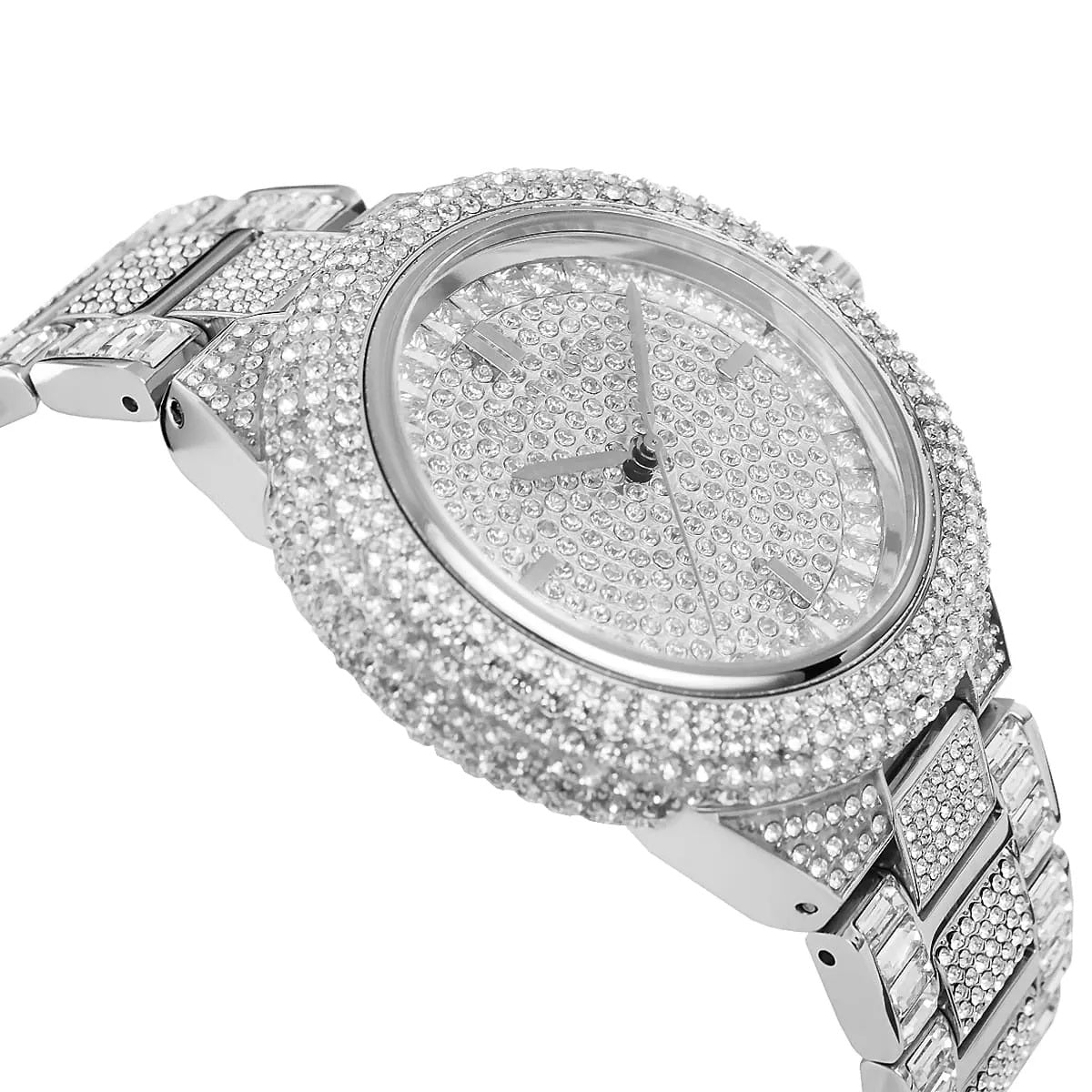 Angled profile of the Michael Kors MK5869 showing the crystal-encrusted bezel and textured silver-tone crown.