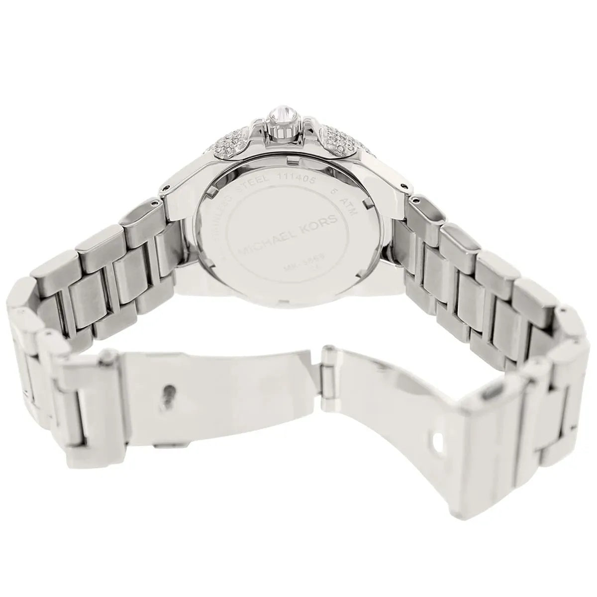 Open clasp and caseback view of Michael Kors MK5869 women's silver-tone watch