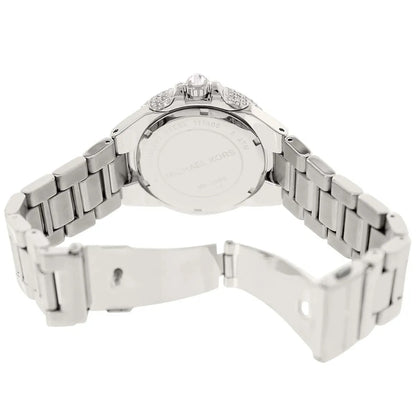 Open clasp and caseback view of Michael Kors MK5869 women's silver-tone watch
