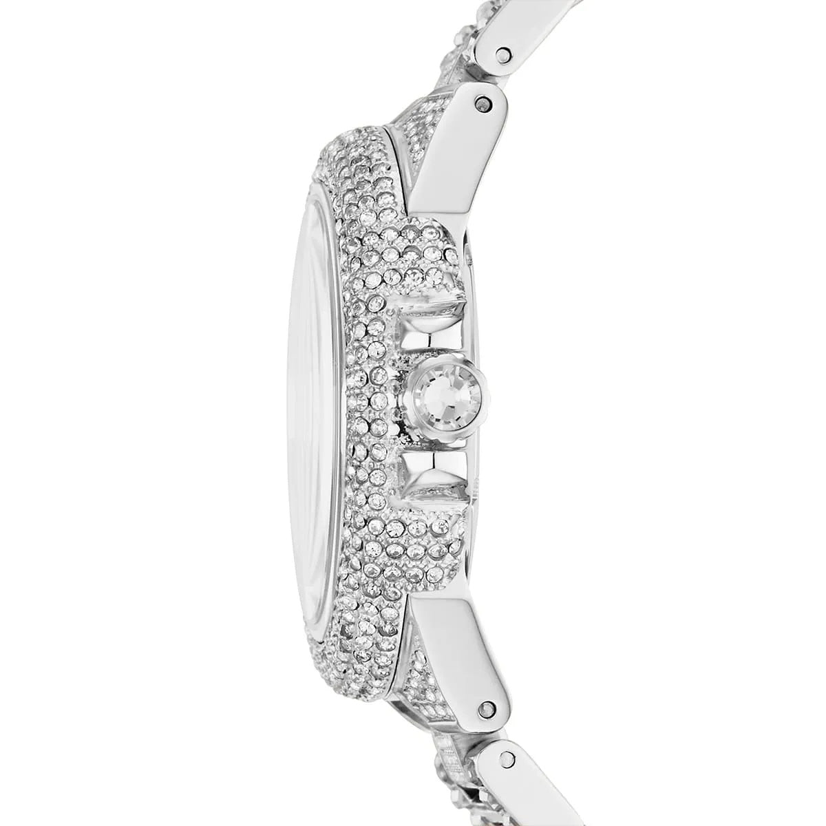 Side profile of Michael Kors MK5869 women's stainless steel silver strap with pavé crystal dial