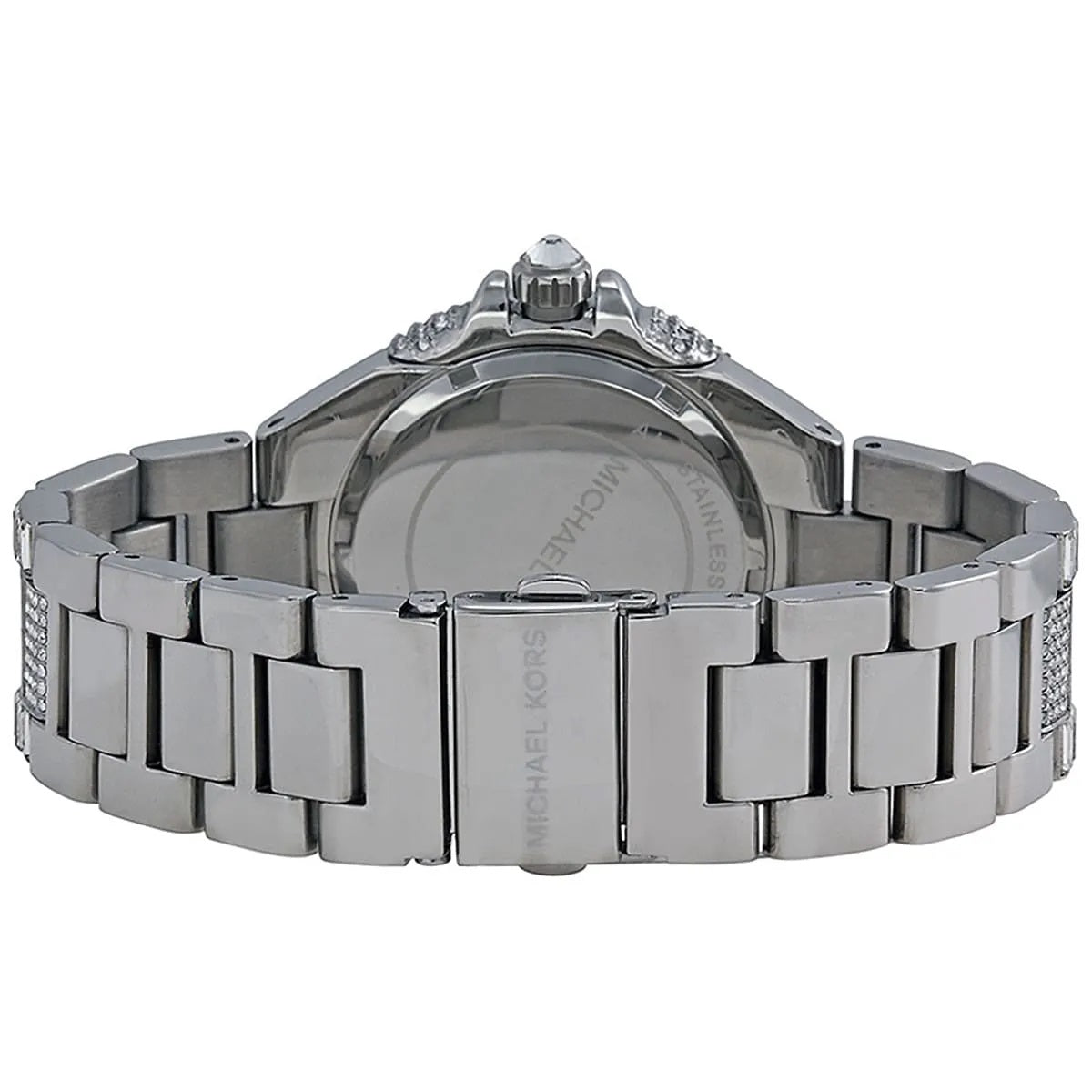 Rear view of the Michael Kors Camille highlighting the polished silver-tone link bracelet and the secure deployment clasp with logo engraving.