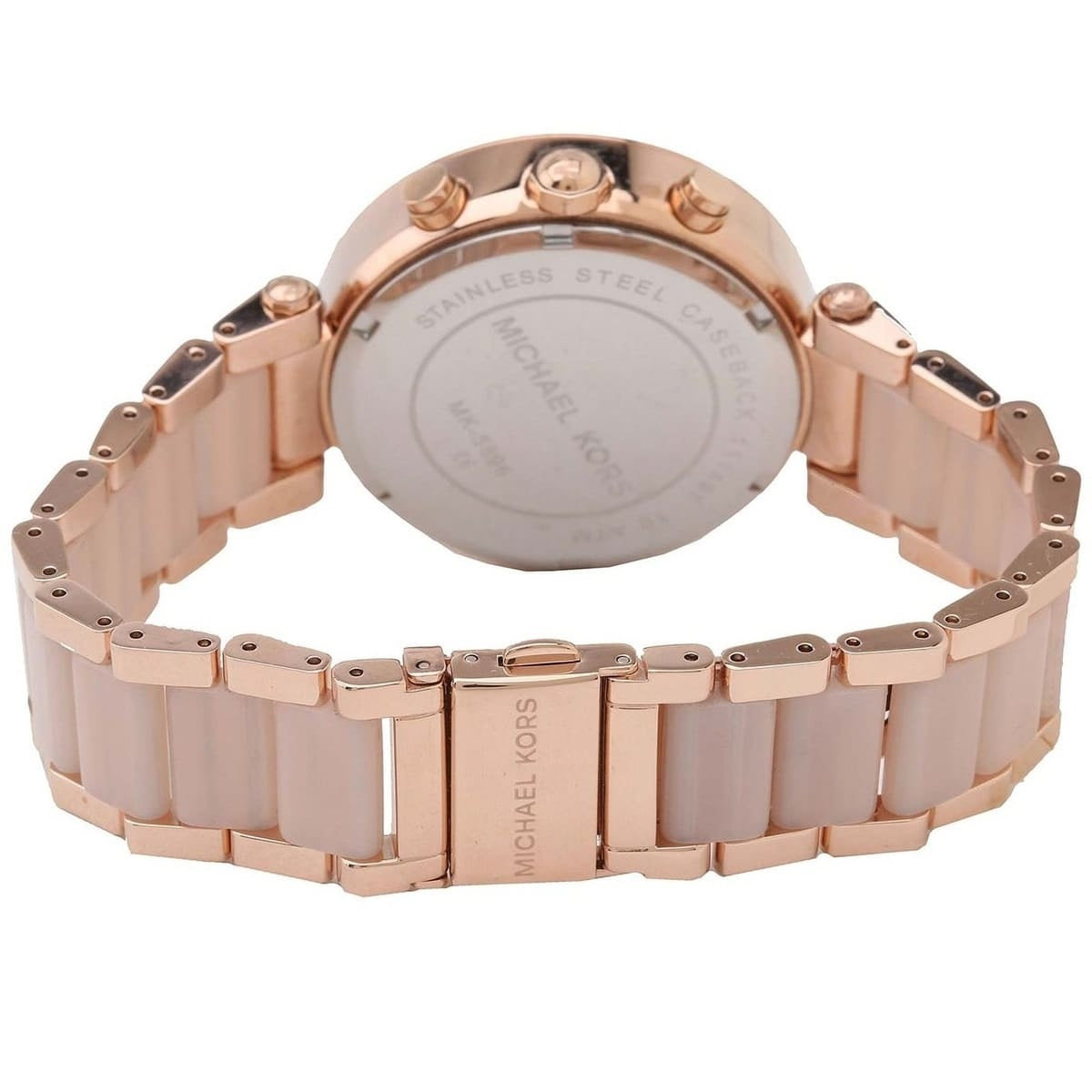 Detail of rose gold stainless steel bracelet on Michael Kors MK5896 women's watch