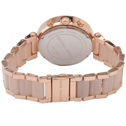 Detail of rose gold stainless steel bracelet on Michael Kors MK5896 women's watch
