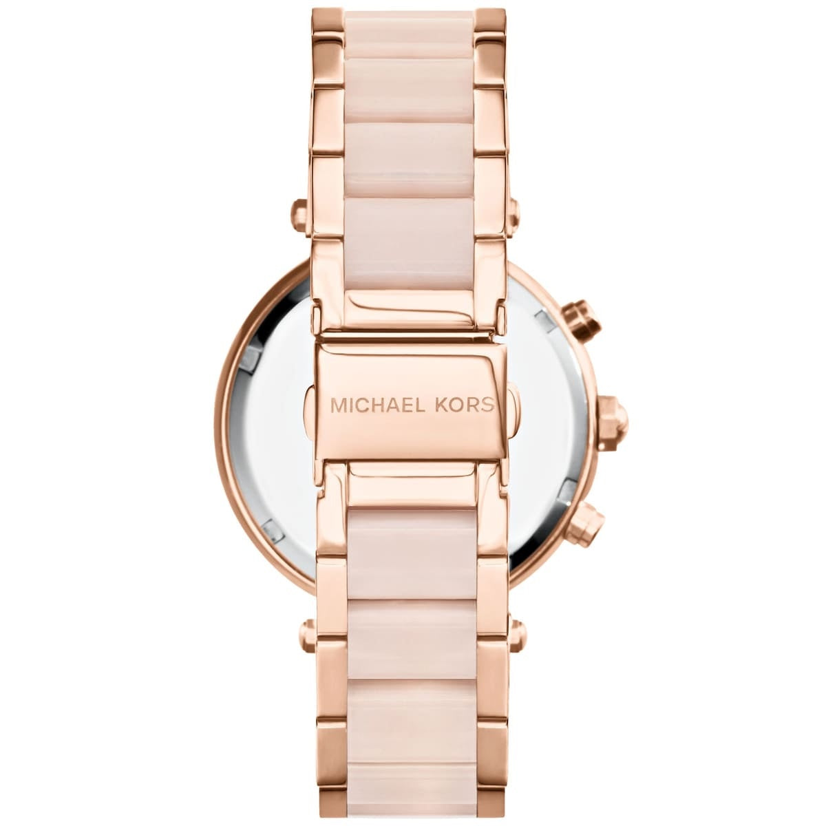 Clasp and caseback view of Michael Kors MK5896 women's rose gold-tone watch