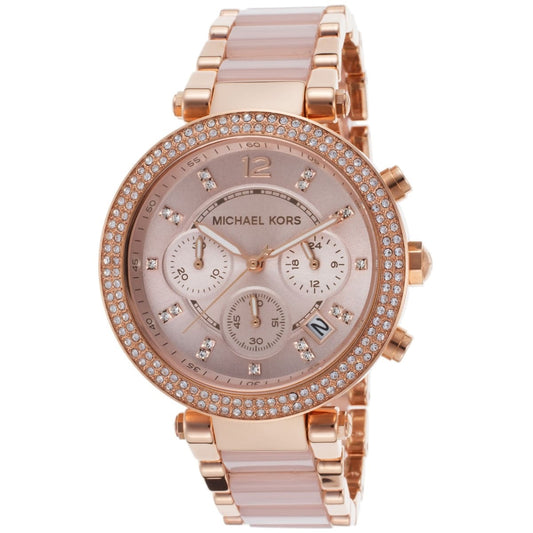 Close-up of rose gold dial on Michael Kors MK5896 women's stainless steel watch