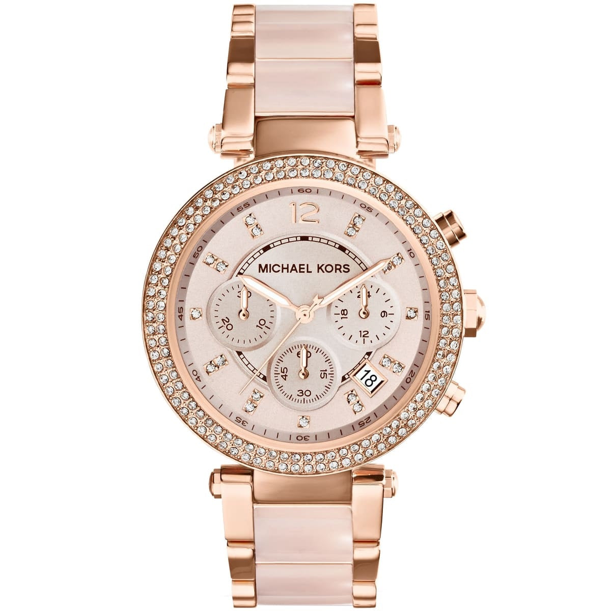 Front view of Michael Kors MK5896 women's rose gold watch with seamless dial