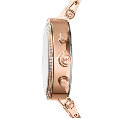 Side profile of Michael Kors MK5896 showing rose gold stainless steel bracelet and case