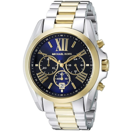 Close-up of blue dial and gold accents on Michael Kors MK5976 women's stainless steel watch