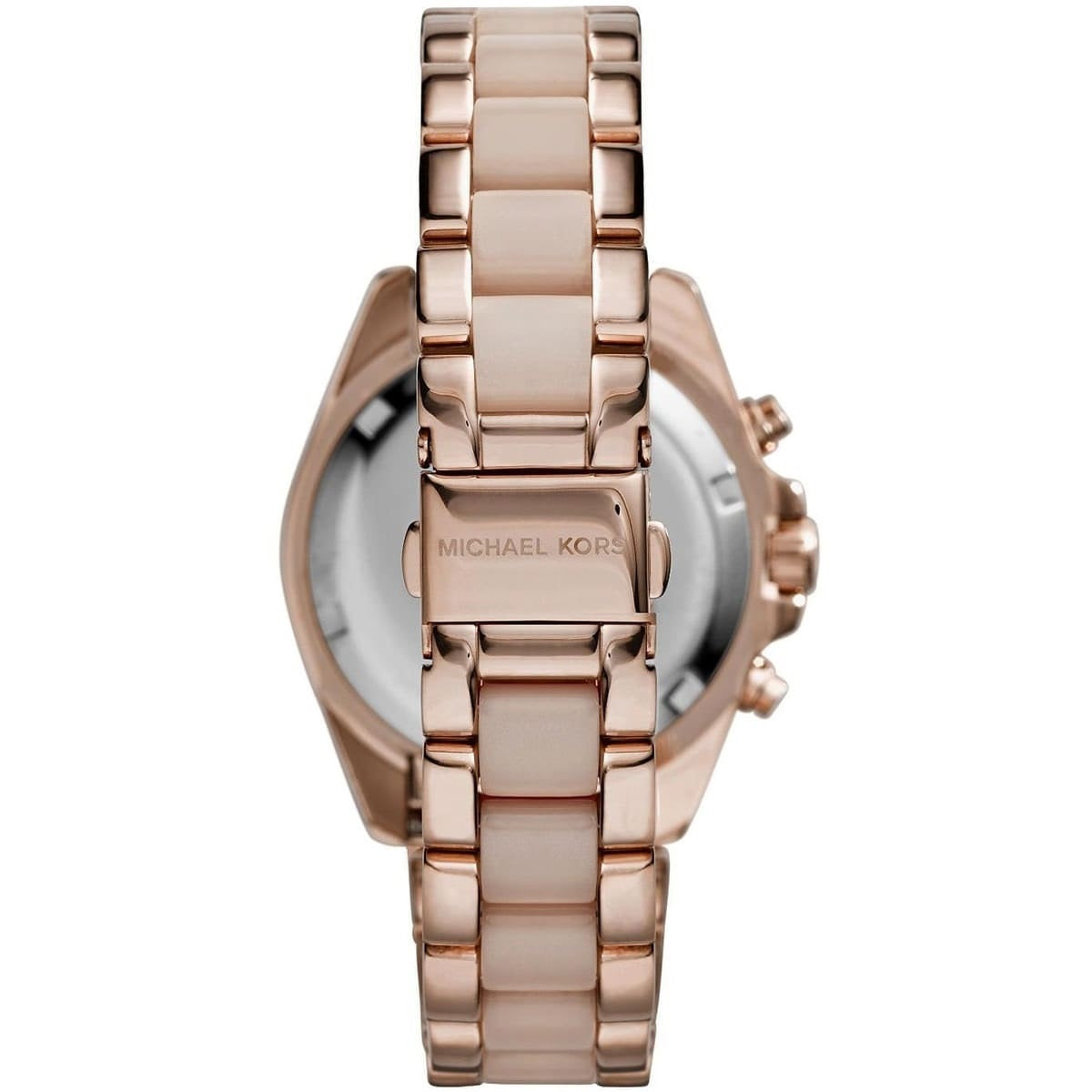 Caseback and clasp view of Michael Kors MK6066 women's rose gold-tone watch