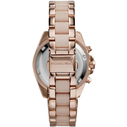Caseback and clasp view of Michael Kors MK6066 women's rose gold-tone watch