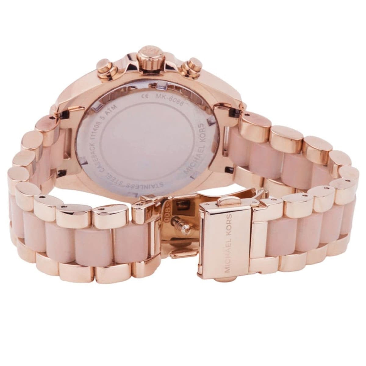 Caseback and open clasp view of Michael Kors MK6066 women's rose gold-tone watch