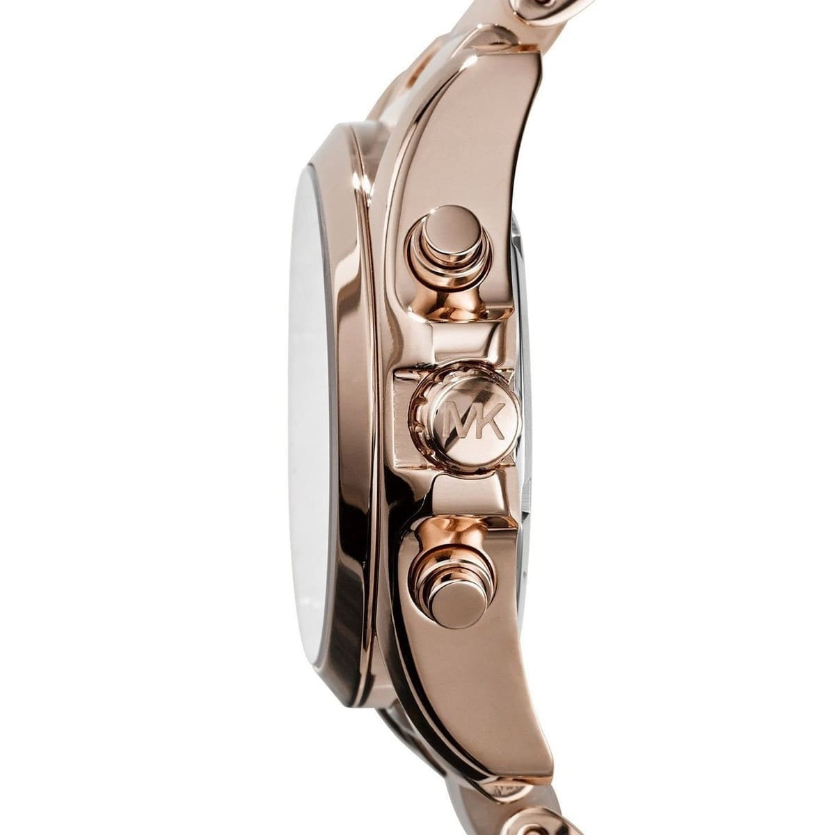 Side profile of Michael Kors MK6066 women's watch with polished rose gold case and bracelet