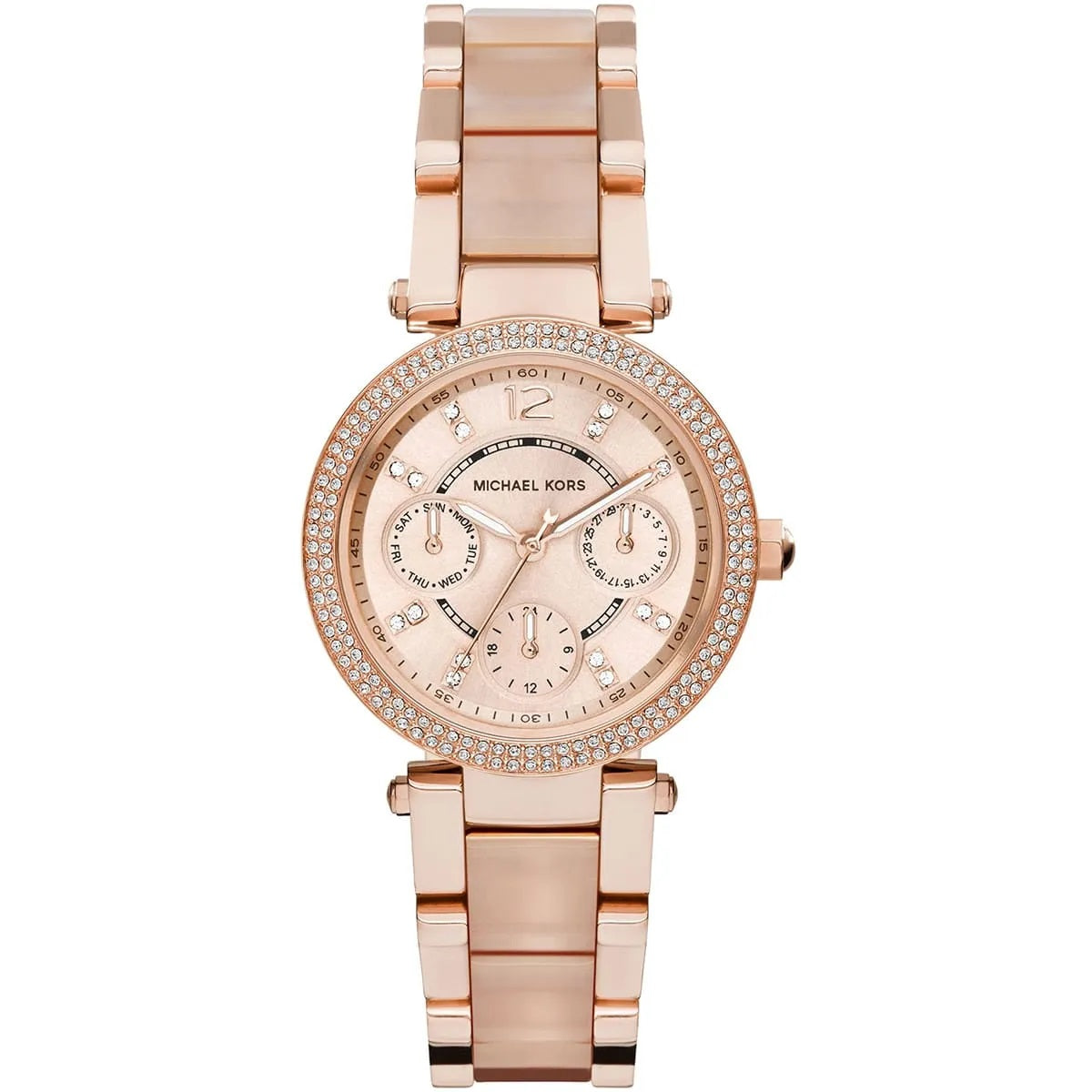 Front view of Michael Kors MK6110 women's rose gold-tone watch with matching dial