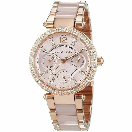 Close-up of the rose gold dial on Michael Kors MK6110 women's stainless steel watch