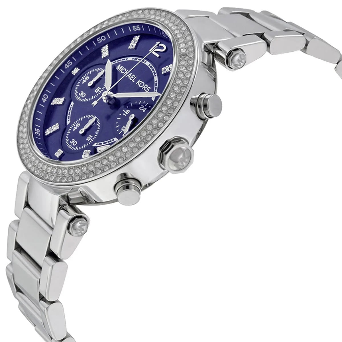 Angled view of the Michael Kors Parker MK6117 highlighting the navy blue multi-function dial, crystal hour markers, and polished silver-tone finish.