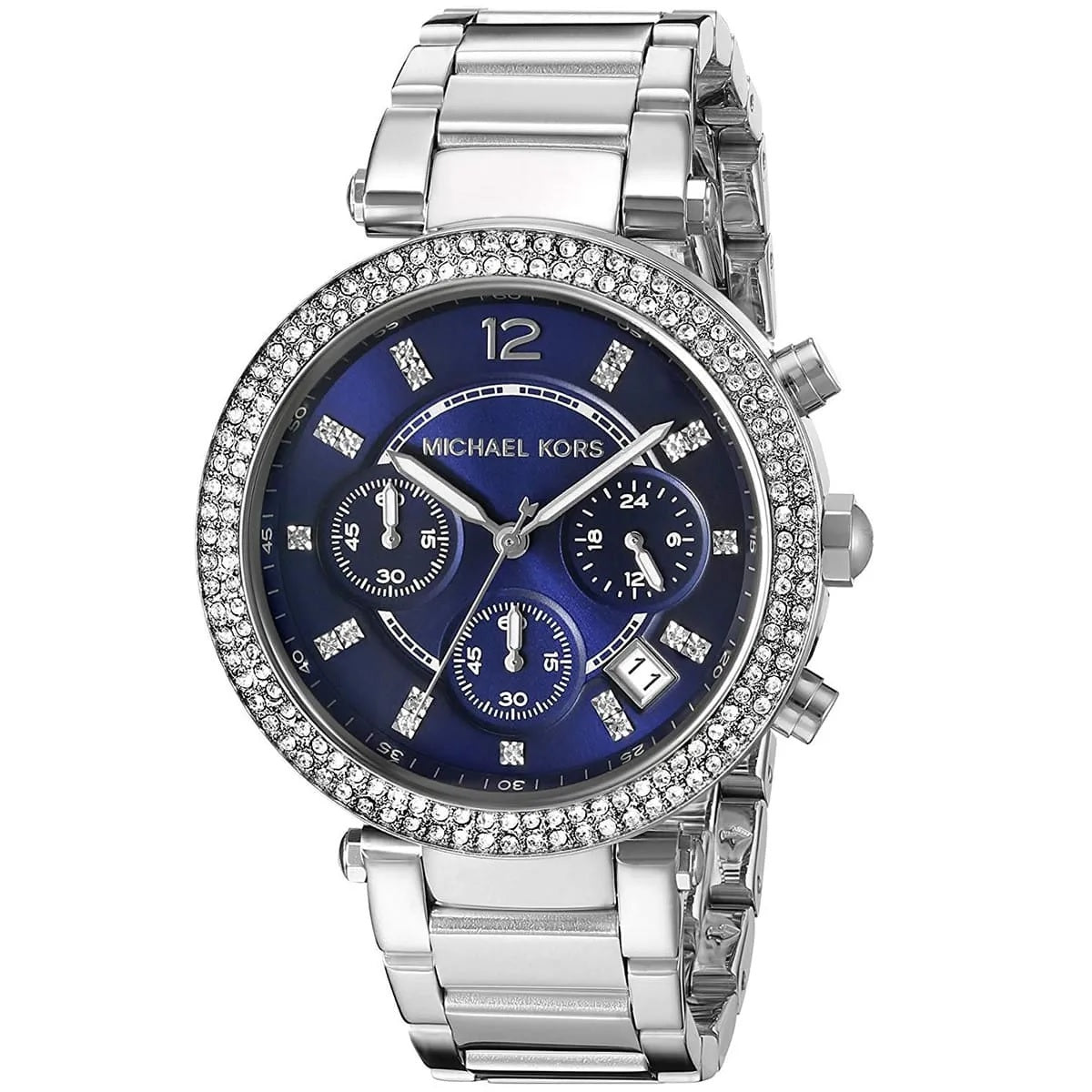 Front view of the Michael Kors MK6117 Parker women's watch featuring a deep blue sunray dial, silver-tone case, and a double-row crystal pavé bezel.