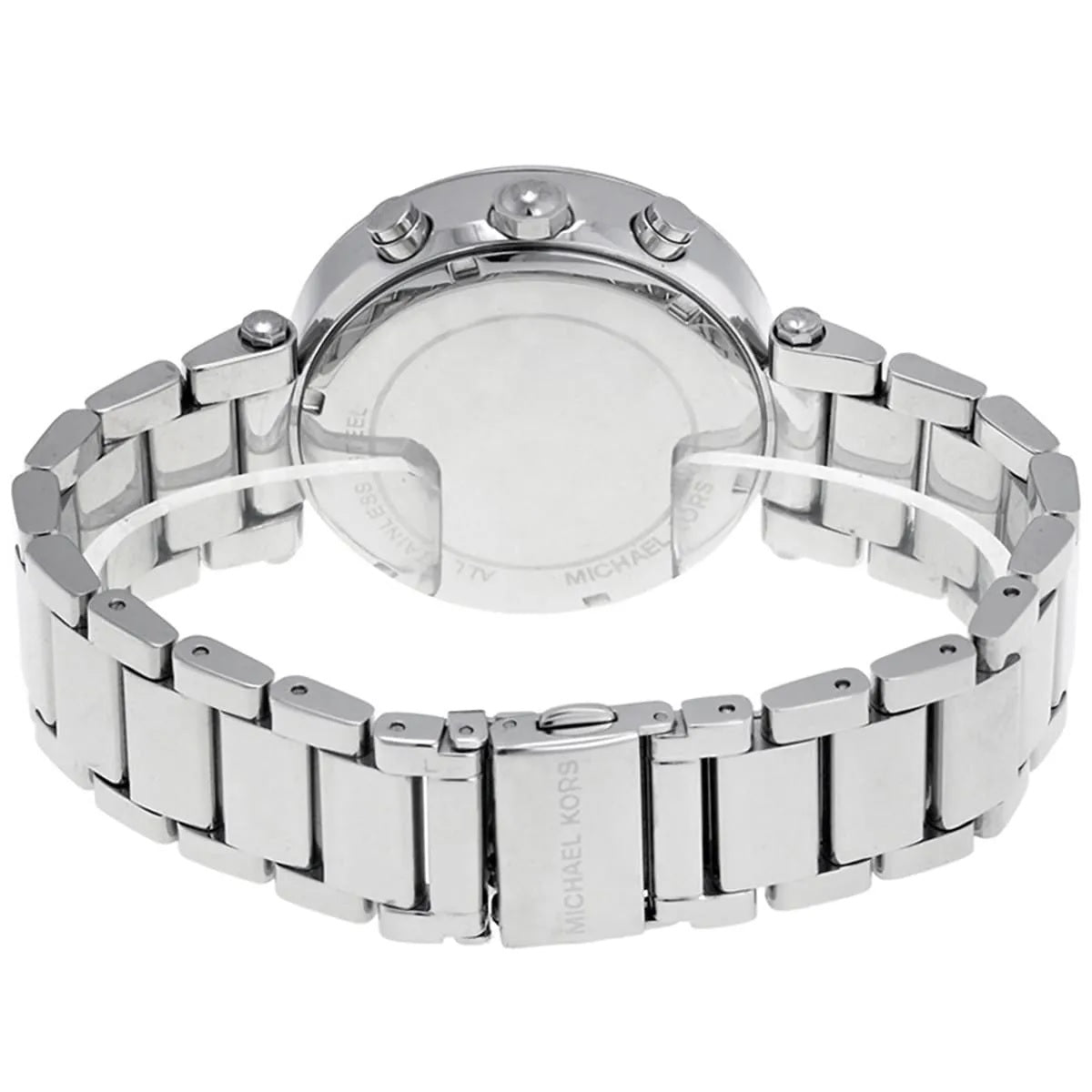 Rear view of the Michael Kors MK6117 silver-tone stainless steel link bracelet with a secure deployment clasp and solid case back.