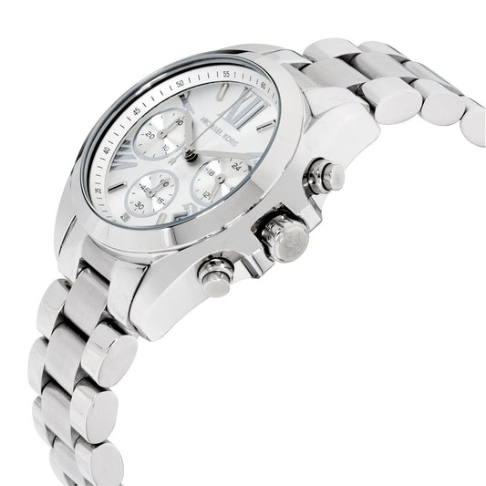Angled view of Michael Kors MK6174 women's silver watch showing case and dial details