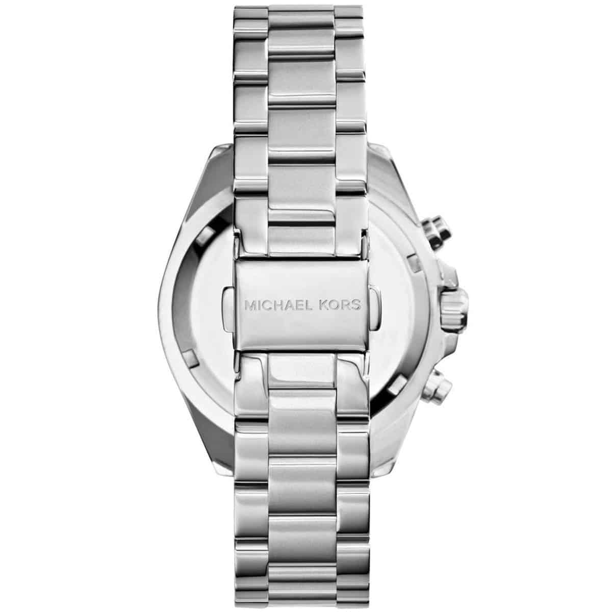 Clasp and caseback view of Michael Kors MK6174 women's silver stainless steel watch