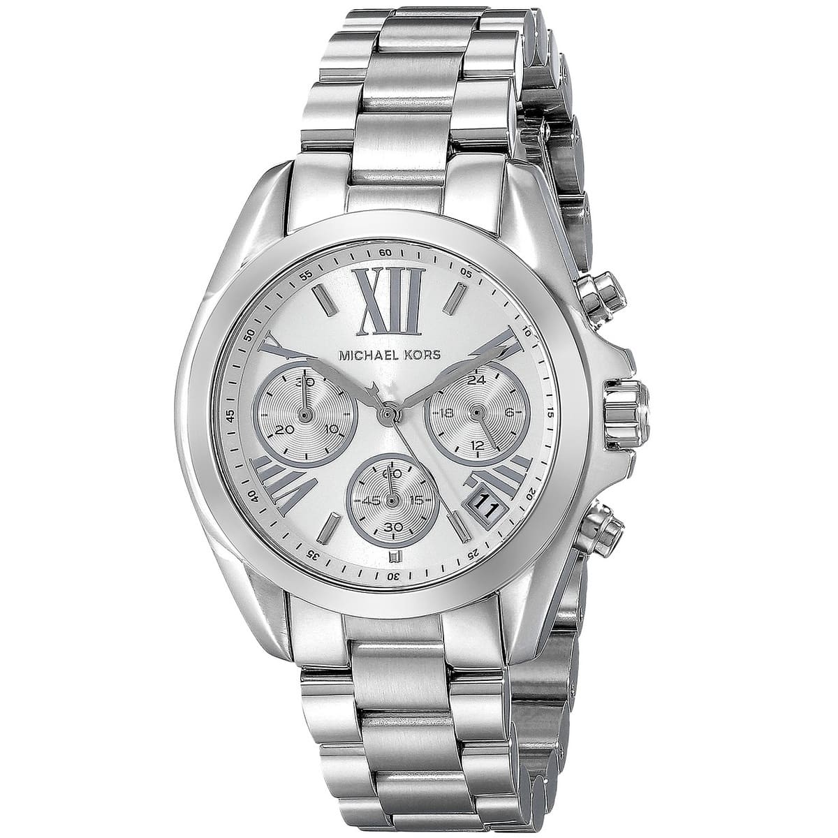 Front view of Michael Kors MK6174 women's silver watch with tone-on-tone silver dial