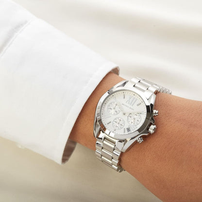 Michael Kors MK6174 women's stainless steel silver watch worn on wrist