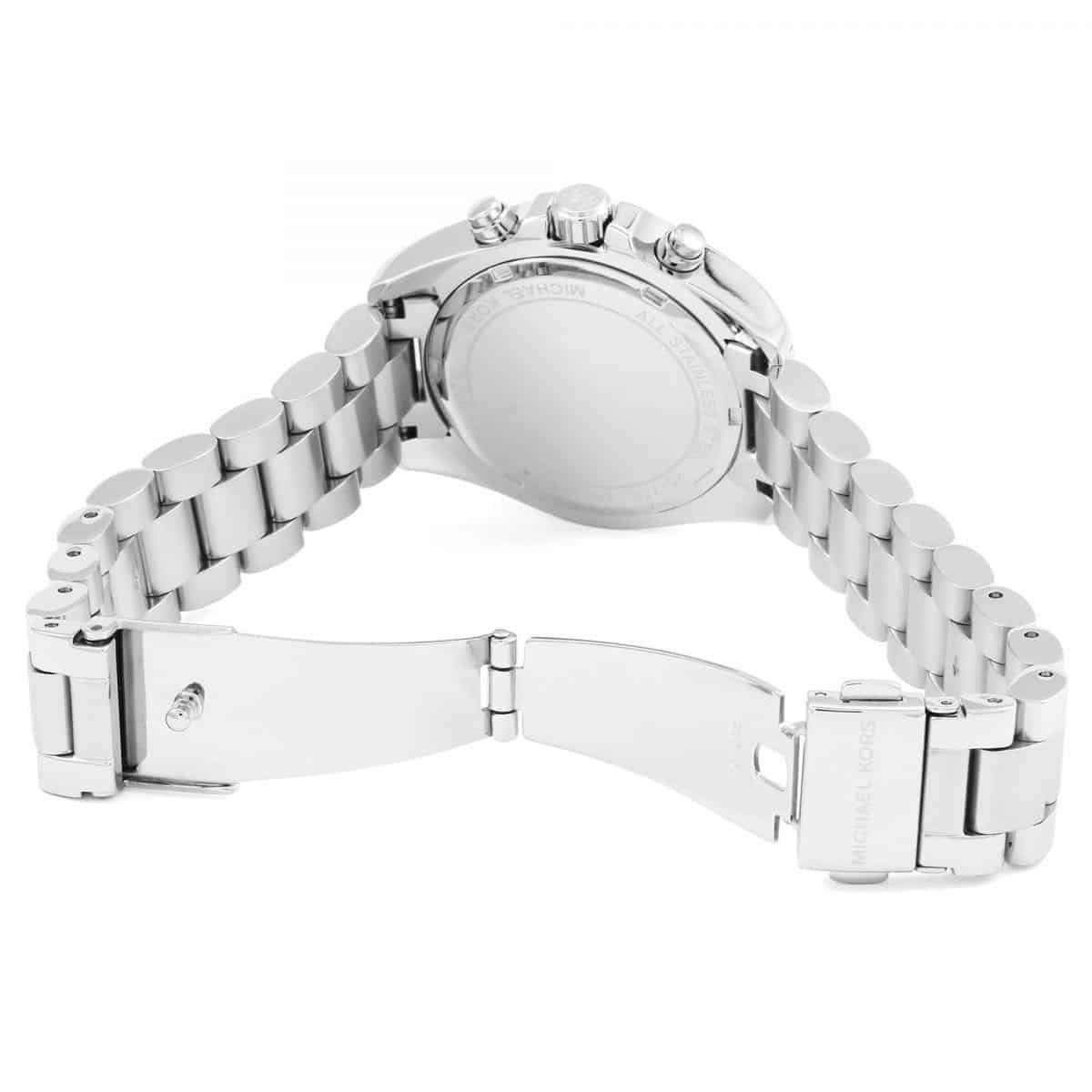 Open clasp and caseback view of Michael Kors MK6174 women's silver stainless steel watch