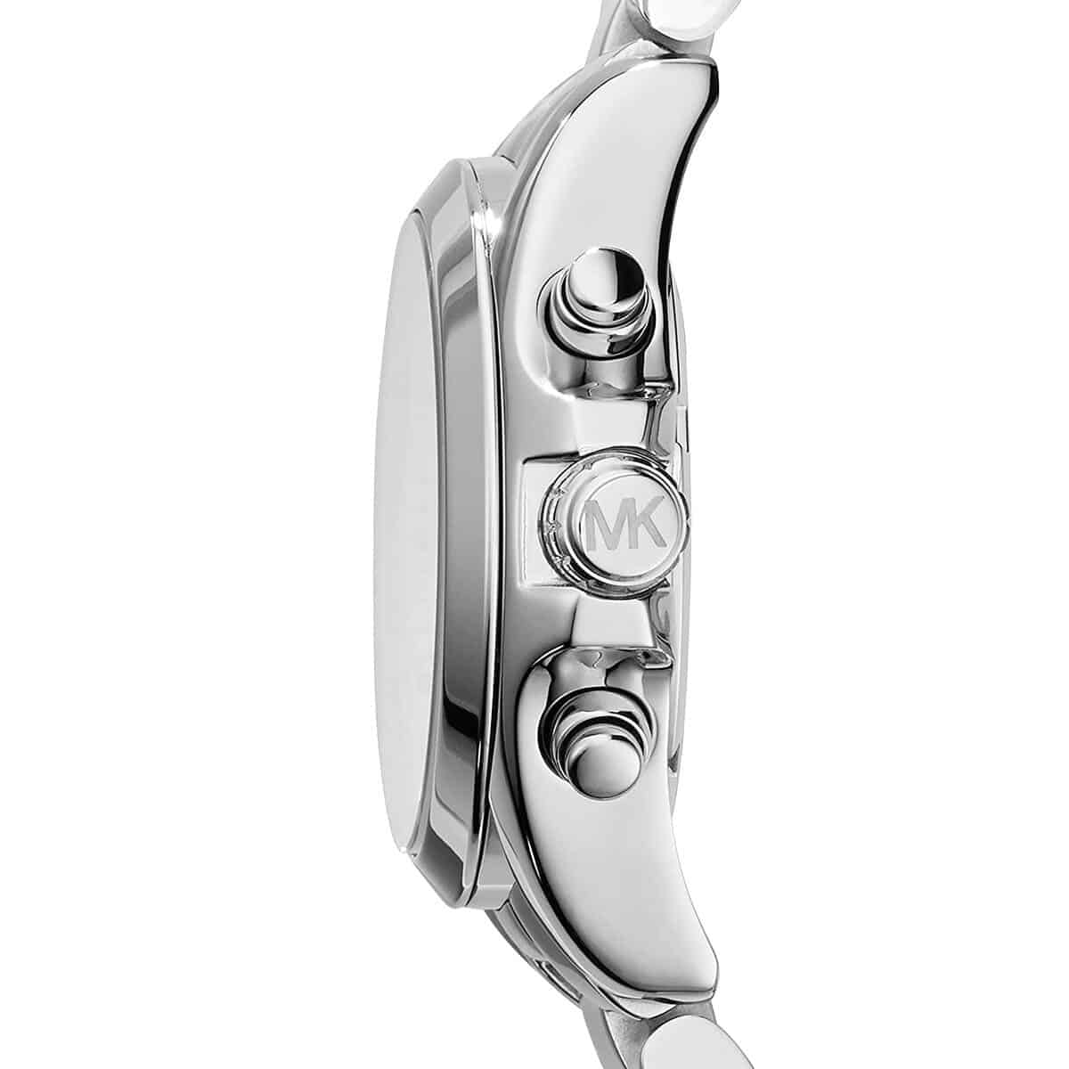 Side profile of Michael Kors MK6174 women's watch with polished stainless steel bracelet