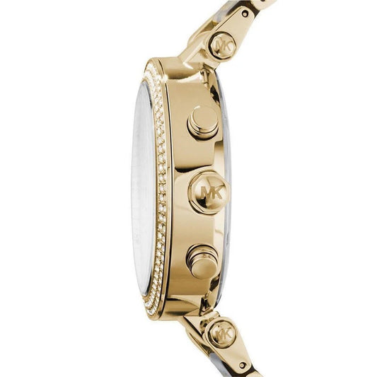 Side profile view of the Michael Kors MK6263 Parker showing the gold-tone case, double row of pavé crystals on the bezel, and chronograph pushers.