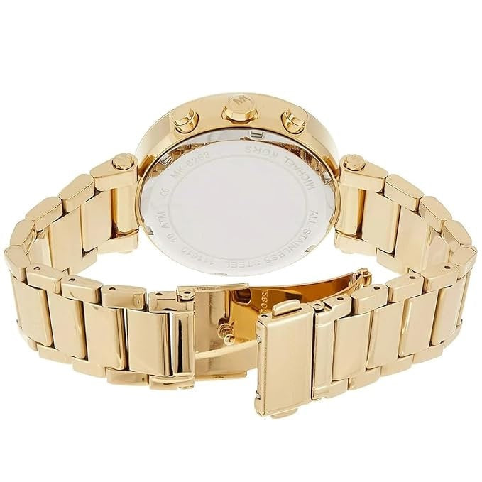Rear view of the Michael Kors MK6263 watch highlighting the gold-tone stainless steel bracelet with an open deployment clasp and solid case back.