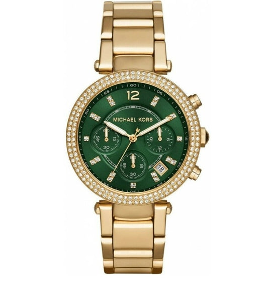 Front view of the Michael Kors MK6263 Parker women's watch featuring a gold-tone stainless steel bracelet, green chronograph dial, and crystal-studded bezel.