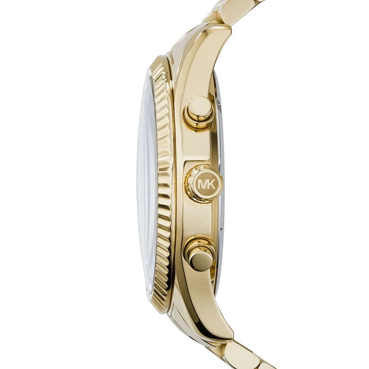 Side view of Michael Kors MK8286 with gold stainless steel strap and black dial