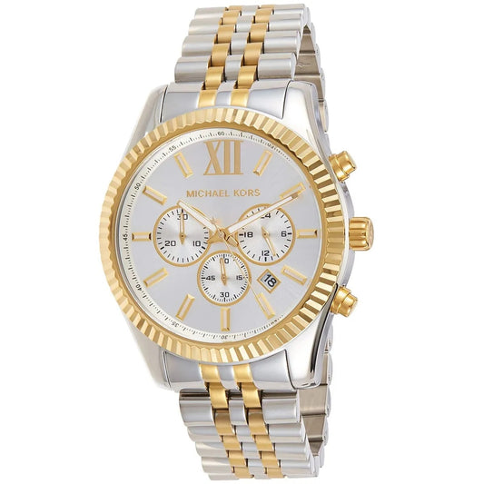 Detail of two-tone silver and gold strap on Michael Kors MK8344 men's watch with silver dial