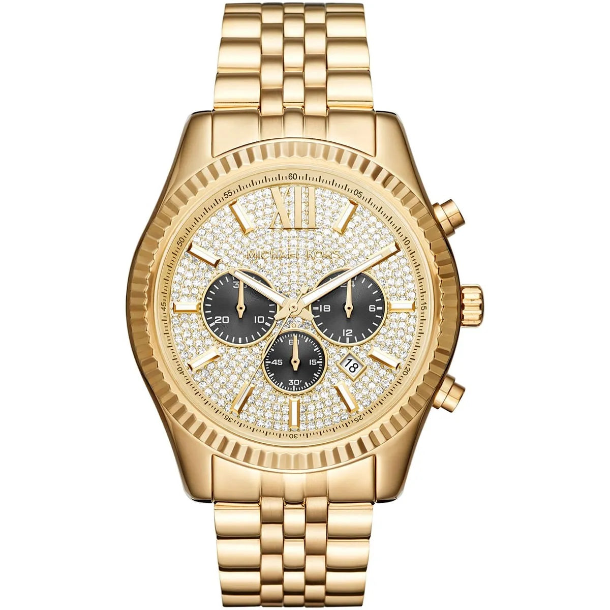 Front view of Michael Kors MK8494 men's gold watch with pavé crystal dial