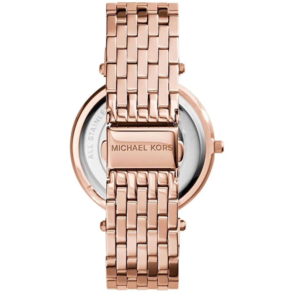 Back case view of Michael Kors MK3192 women's watch showing the stainless steel finish and brand logo.