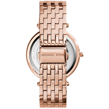 Back case view of Michael Kors MK3192 women's watch showing the stainless steel finish and brand logo.