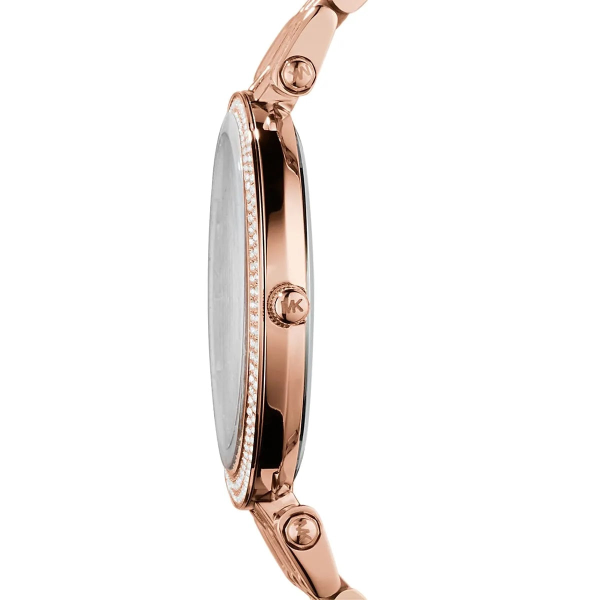 Side view of Michael Kors MK3192 women's watch showcasing the rose gold dial and strap with crystals