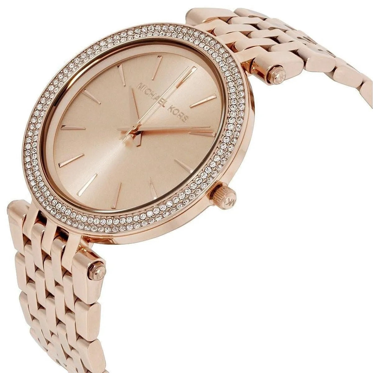 Close-up shot of Michael Kors MK3192 rose gold strap with detailed crystals and rose gold dial