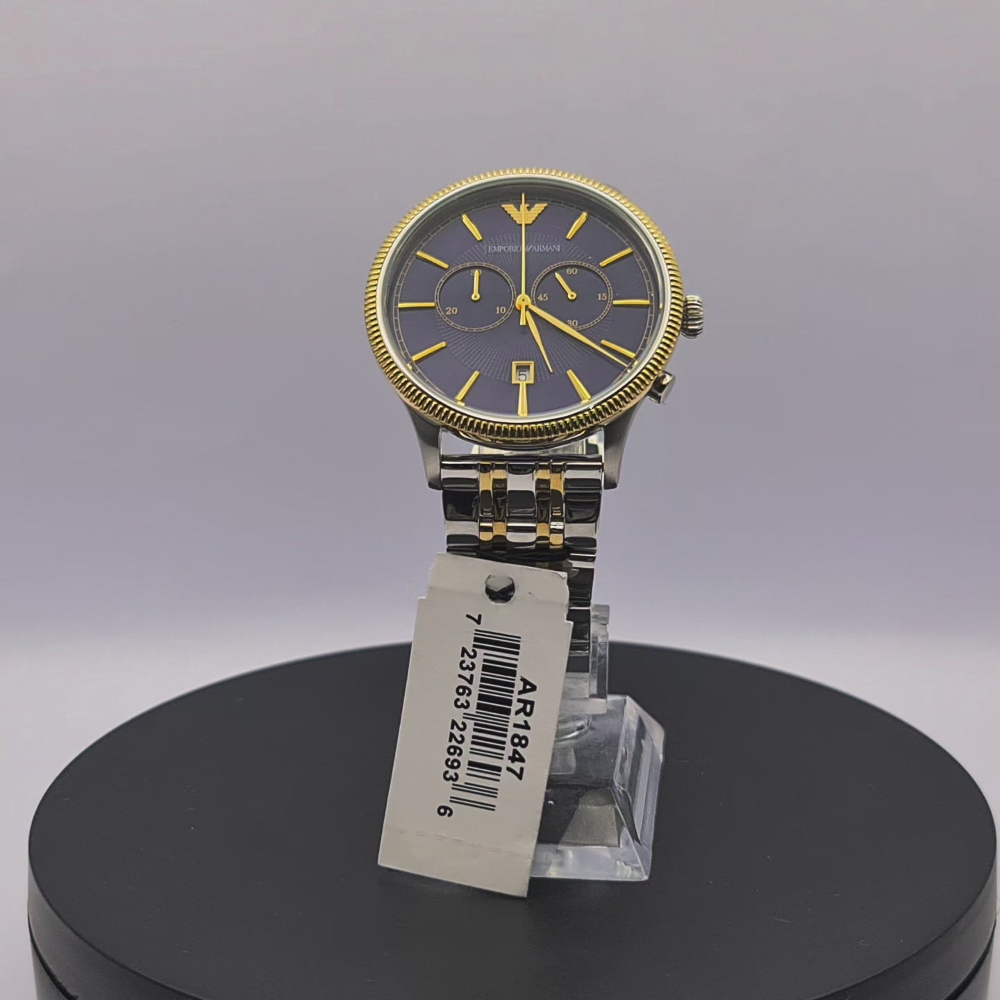 360-degree rotating view of Emporio Armani AR1847 men's two-tone stainless steel chronograph watch with blue dial.