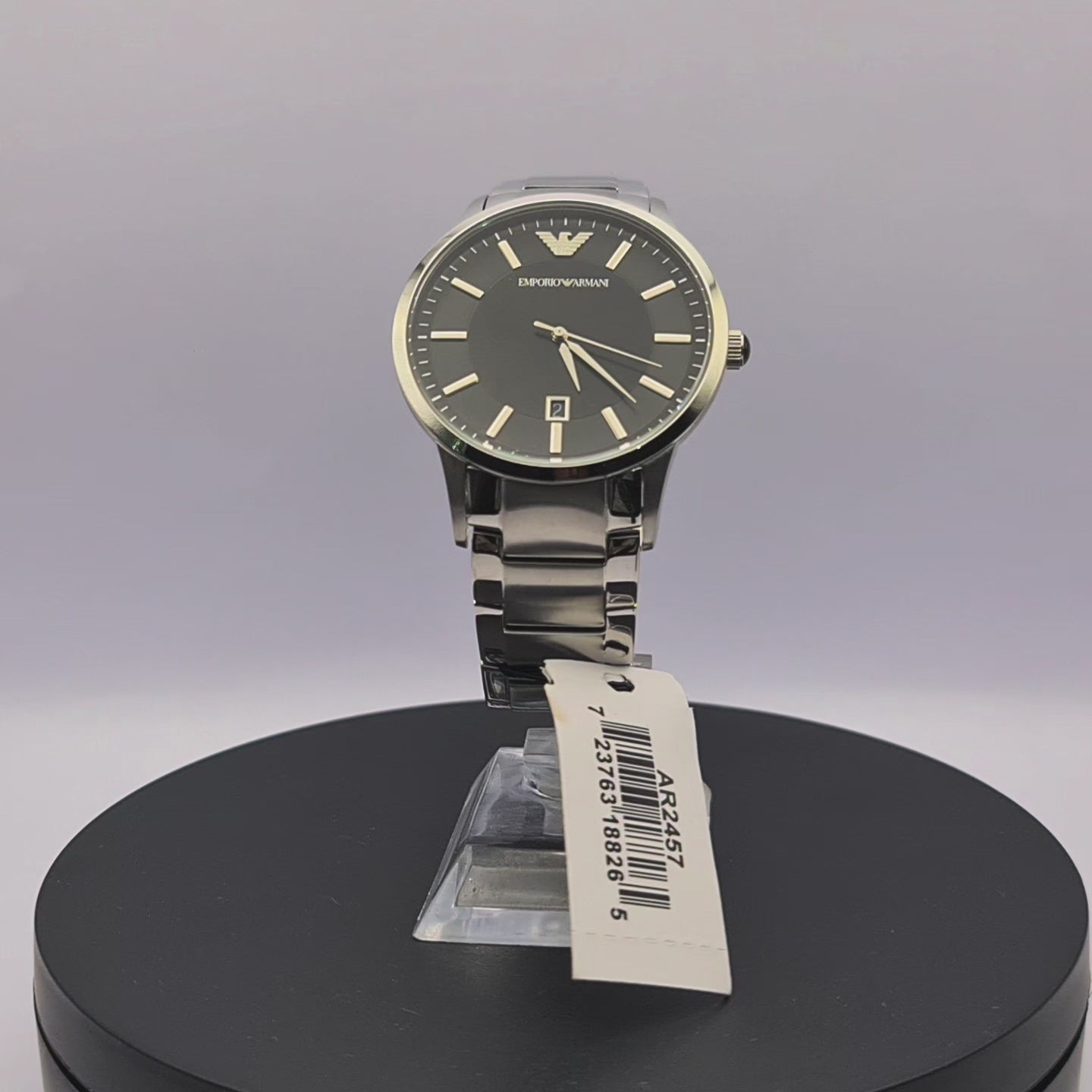 360-degree rotating view of Emporio Armani AR2457 men's silver stainless steel watch with black dial.