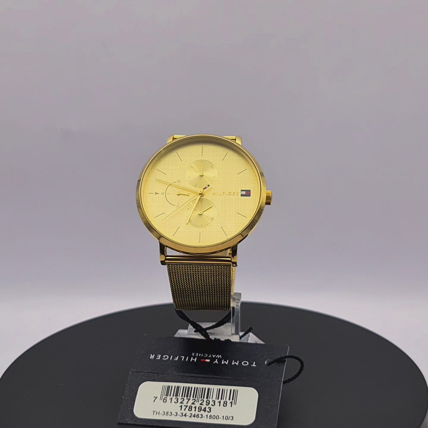 360-degree rotating view of Tommy Hilfiger 1781943 women's silver stainless steel watch with white dial and white silicone strap.