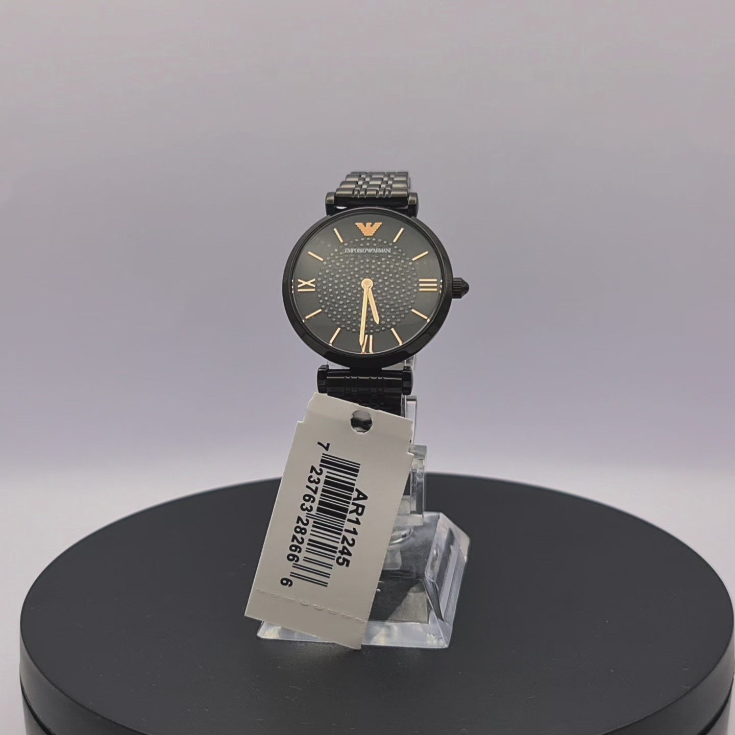 360-degree rotating view of Emporio Armani AR11245 men's all-black chronograph watch with black silicone strap.