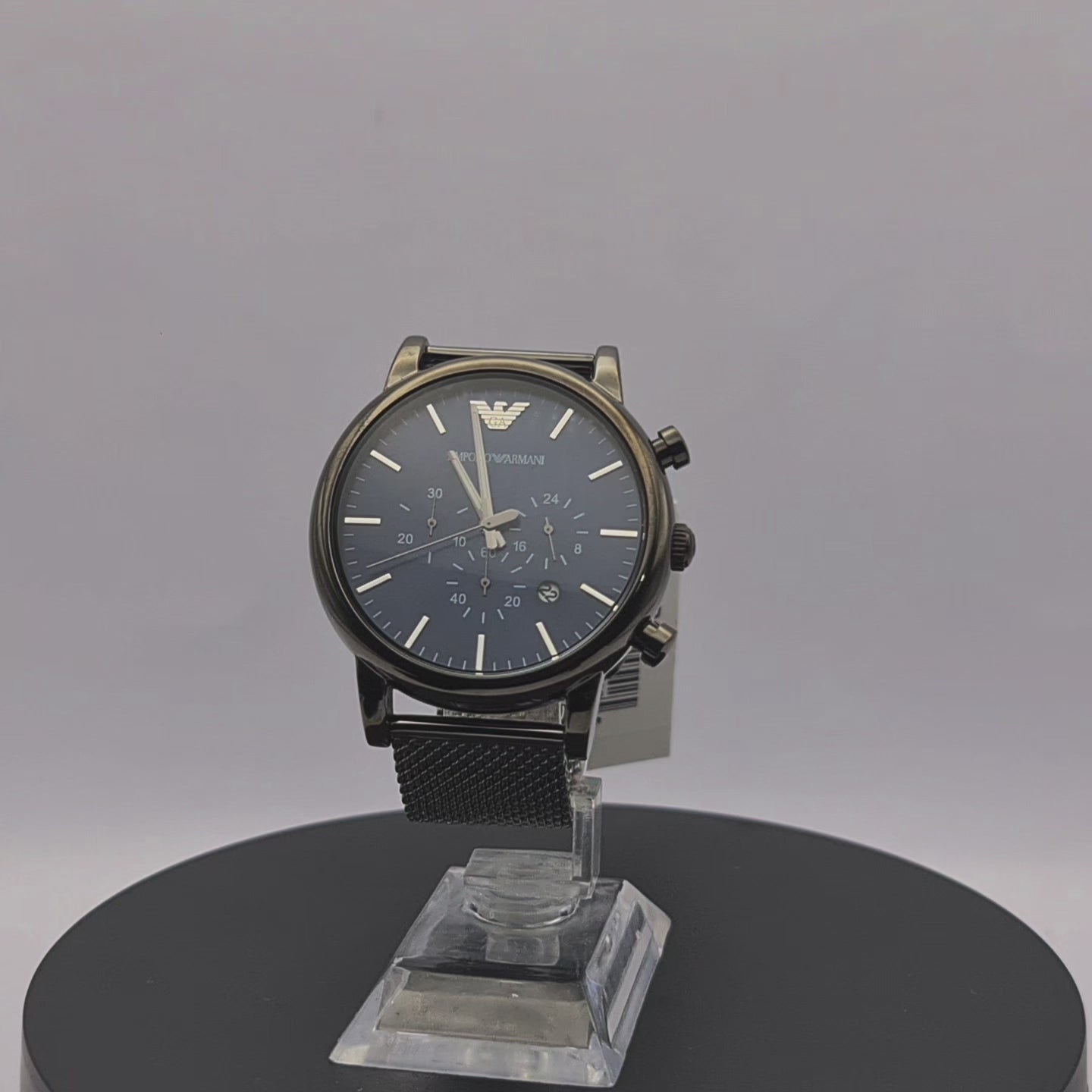 360-degree rotating view of Emporio Armani AR1979 men's gunmetal grey stainless steel chronograph watch with blue dial and mesh bracelet.