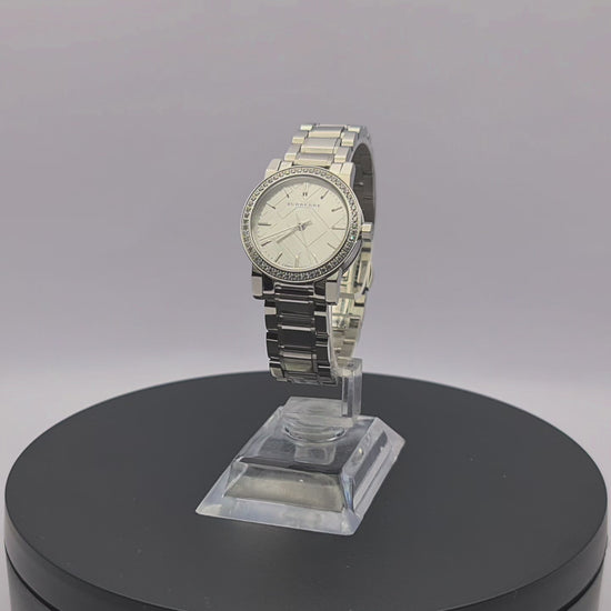 360-degree rotating view of Burberry BU9220 petite 26mm silver watch with diamond details.