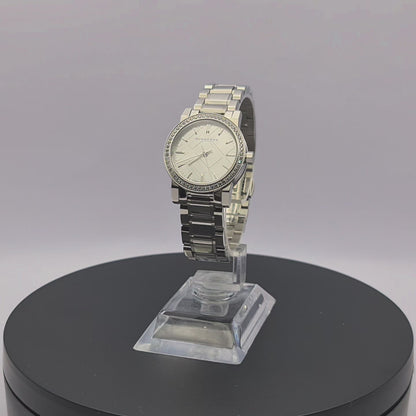 360-degree rotating view of Burberry BU9220 petite 26mm silver watch with diamond details.