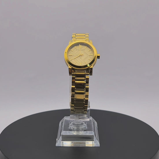 360-degree rotating view of Burberry BU9227 petite rose gold watch with diamond hour markers.