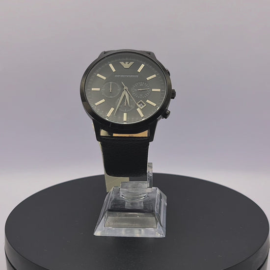 360-degree rotating view of Emporio Armani AR2461 men's black stainless steel chronograph watch with black dial and black leather strap.