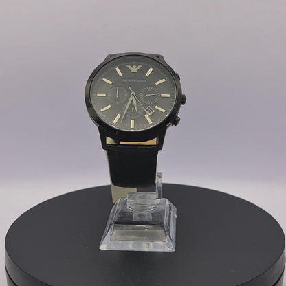 360-degree rotating view of Emporio Armani AR2461 men's black stainless steel chronograph watch with black dial and black leather strap.