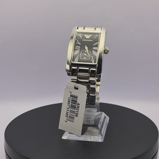 360-degree rotating view of Emporio Armani AR0156 men's silver stainless steel watch with black dial and rectangular case.