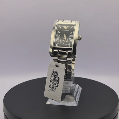 360-degree rotating view of Emporio Armani AR0156 men's silver stainless steel watch with black dial and rectangular case.